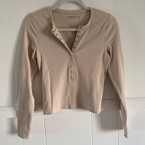 Women's Beige Ribbed Long Sleeve Henley Top